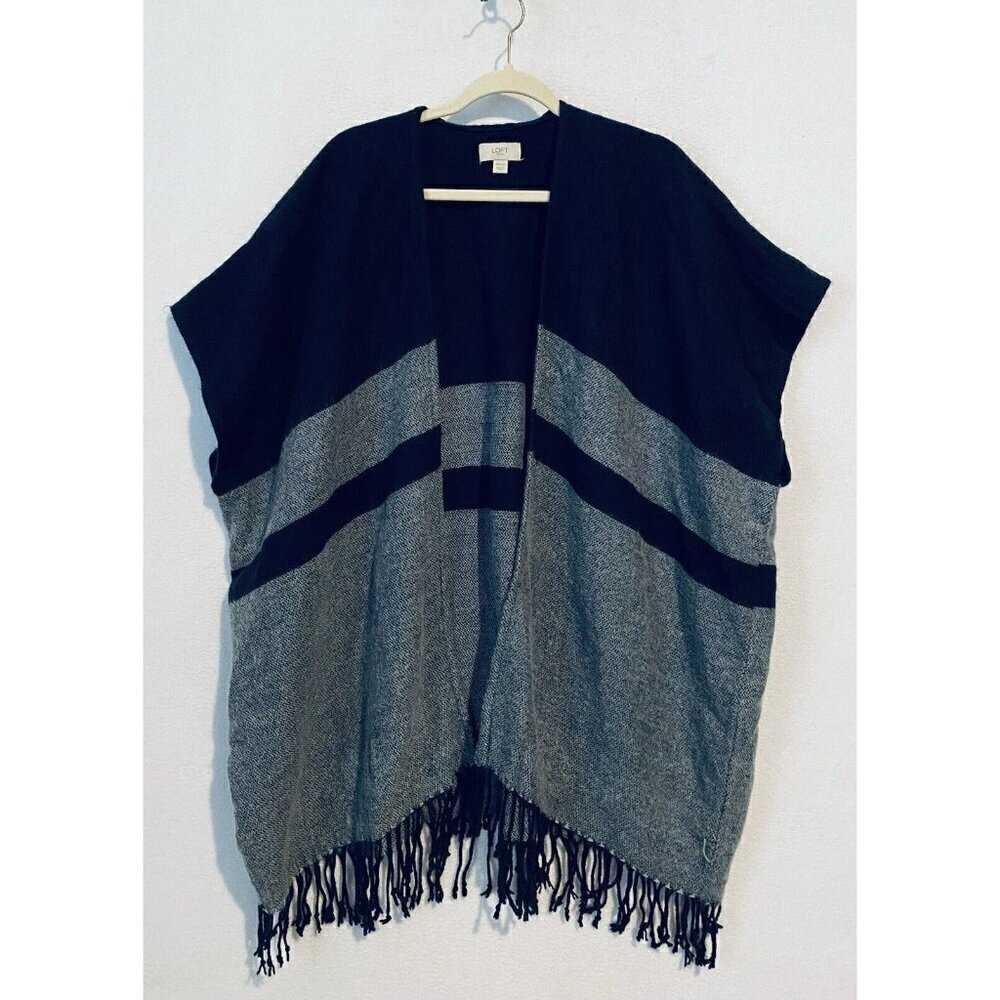 LOFT Kimono Womens One Size Blue Gray Striped Open Front Fringe Hem Boho